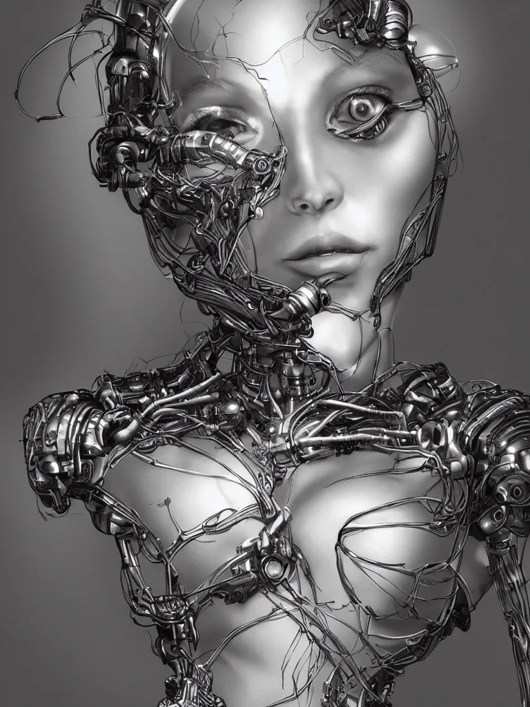 Image similar to a gorgeous concept art drawing of a female cybernetic woman with exposed biological eyes and heart, and wiring underneath her mannequin body. mid shot drawing, soft lighting, realistic, smooth face, 8 k high definition, insanely detailed, intricate, elegant, trending on artstation. influenced by chris fodd and chris moore and vincent di fate.