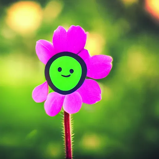 Prompt: a picture of a cute flower with a cartoon face, photorealistic, depth of field, 4k