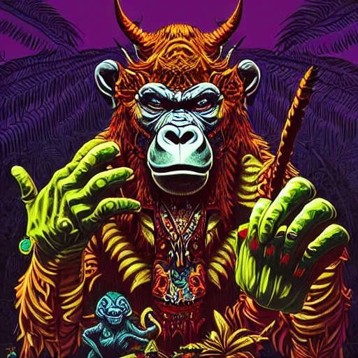 Image similar to barong family member with middle finger up, wiwek, mara demon, one single tribe member, jungle, one single mask, dark, ancient warrior, gorilla, lizard, tribal, inner glow, art by dan mumford and justin gerard