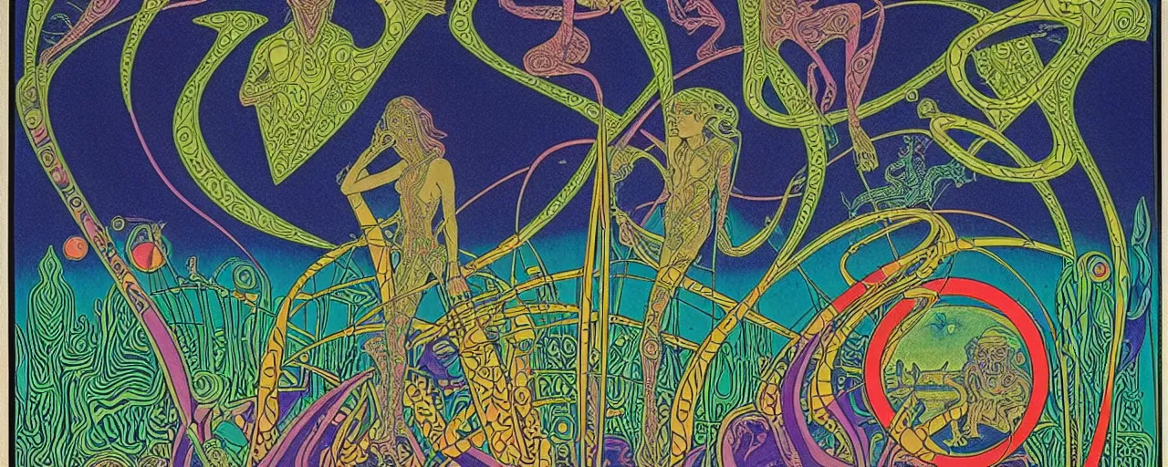 Prompt: 1968 psychedelic, tarot cards, cut out collage, neon Greek, dusk on Jupiter, epic theater, deep jungle texture, aquatic plants, Jugendstil drawings, in part by Alex Grey, part by Moebius, composition William S Boroughs, written by H. P. Lovecraft