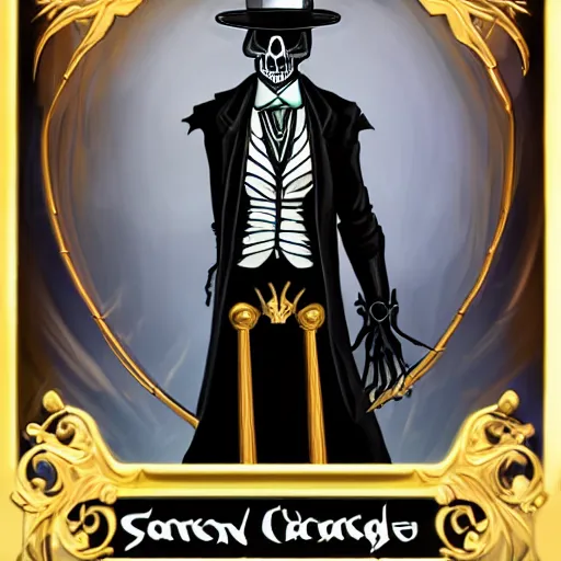 Image similar to DND character, skeleton, Tall skeletal figure, wearing a deep black suit and tie and top hat. golden cane in his right. Light blue flames envelop his whole body