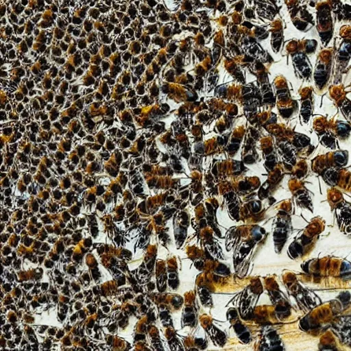 Prompt: photograph of a bee swarm attacking a skeleton army