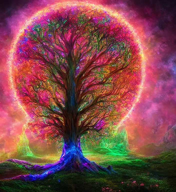 Image similar to magical chromatic glowing tree of life in a hill, centralized, ethereal, rich, fantasy, smooth, sharp focus, high detailed digital art, ultra wide shot, lush colors, in the style of greg rutkowski and hans zatzka, highly realistic, exquisite ornate metal gothic icon heavy patina, delicate, the secret of nihm