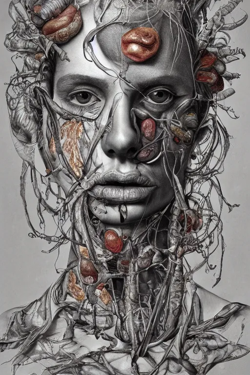 Image similar to Detailed maximalist portrait of a greek god with large lips and eyes, scared expression, botanical anatomy, skeletal with extra flesh, HD mixed media, 3D collage, highly detailed and intricate, surreal illustration in the style of Jenny Saville, dark art, baroque, centred in image