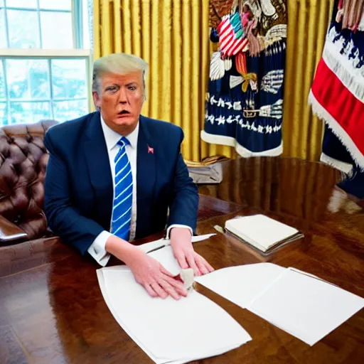 Prompt: candid portrait photo of president trump at his desk eating papers with his bare hands, detailed portrait, 4 k, megapixel, sony a 7 s, f / 8, 2 4 mm lens