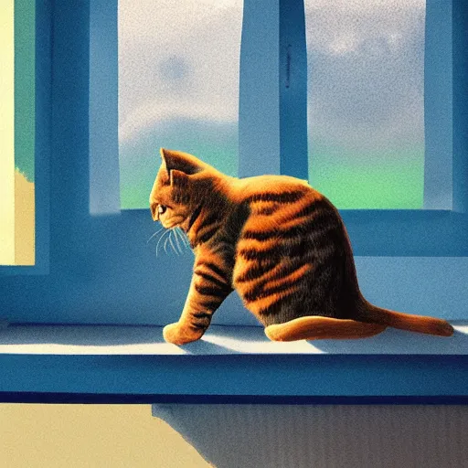 Prompt: cat with a black spot on her trunk in an old house with a window next to the blue sky , trending on artstation, trending on deviantart