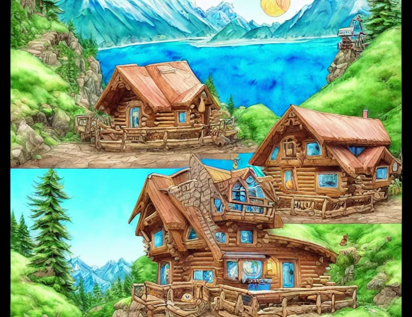 Image similar to cute and funny, a beautiful cozy cabin carved into a mountain, view of the ocean beneath, ratfink style by ed roth, centered award winning watercolor pen illustration, isometric illustration by chihiro iwasaki, edited by range murata, tiny details by artgerm and watercolor girl, sharply focused