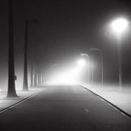 Image similar to Beautiful cameraphone 2000s, soft liminal Photograph of foggy road, hedge night, streetlight.