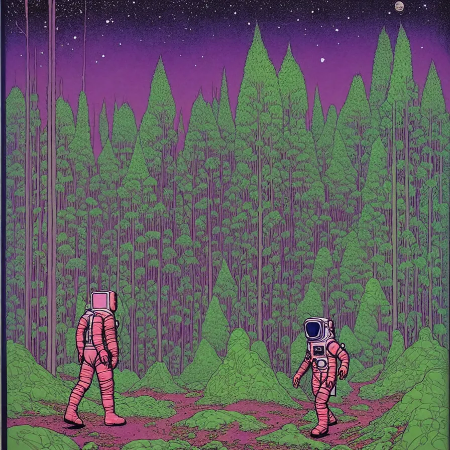 Prompt: ( ( ( ( an astronaut walking through a mysterious forest, with decorative frame design ) ) ) ) by mœbius!!!!!!!!!!!!!!!!!!!!!!!!!!!, overdetailed art, colorful, artistic record jacket design