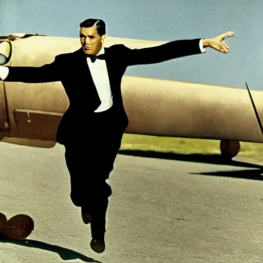 Prompt: cary grant as roger o. thornhill from north by northwest running from a flying biplane with propellers visible