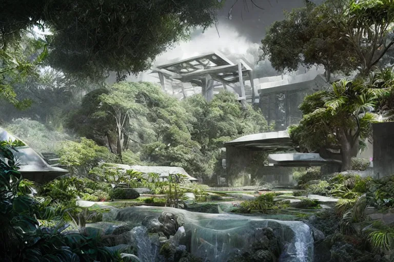 Image similar to brutalist futuristic white Aztec structures, manicured garden of eden, pools and streams, tropical foliage, birds, sculpture gardens by Jessica Rossier and Brian Froud