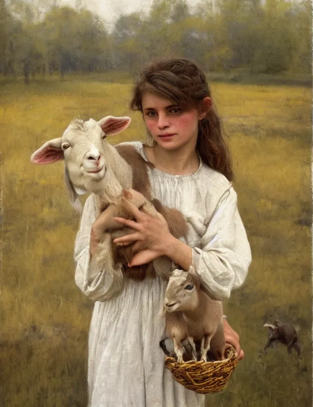 Image similar to portrait of peasant girl holding goat in her hands, cottage core, cinematic focus, polaroid photo bleached vintage pastel colors high - key lighting, soft lights, foggy, by steve hanks, by lisa yuskavage, by serov valentin, by tarkovsky, 8 k render, detailed, oil on canvas