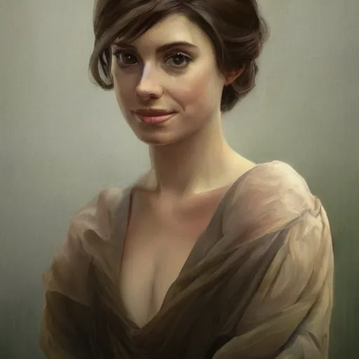 Image similar to a portrait painting of alison brie / anne hathaway / rachel lane hybrid in the oil painting unreal 5 daz. rpg portrait, extremely detailed artgerm greg rutkowski alphonse mucha vladimir volegov