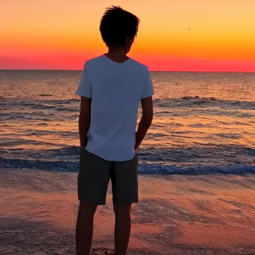 Prompt: Anime boy standing on the beach, smiling at the camera. Sunset. Anime Still frame.