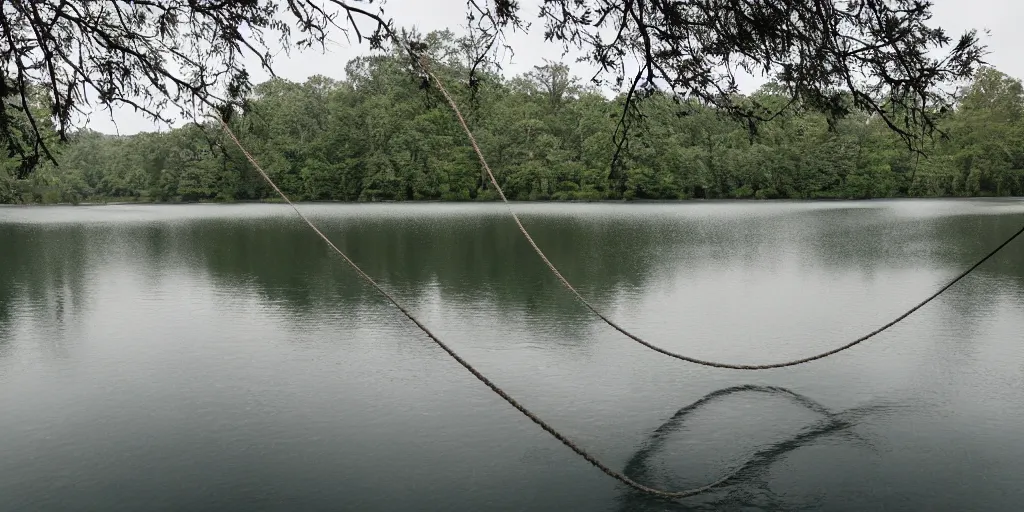 Image similar to color photograph of a very long rope on the surface of the water, the rope is snaking from the foreground stretching out towards the center of the lake, a dark lake on a cloudy day, trees in the background, anamorphic lens