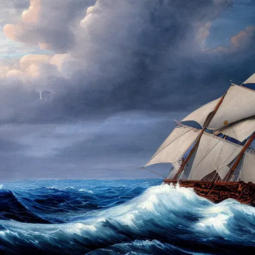 Image similar to stark oil painting, sailing ship at the edge of the world, man vs. nature, deep blue water, whitecap waves, point of no return, desperation, vivid, highly detailed, master renaissance painter, 4k scan