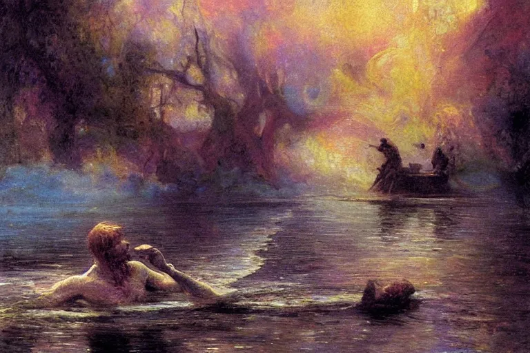 Image similar to illustration of a black river in the astral plane with black oozing arms reaching out of the water. a man on a boat paddles down the river. art by gaston bussiere.