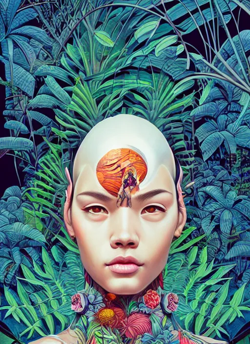 Image similar to gigantic cyborg head, a lot of exotic vegetation, trees, flowers by junji ito, tristan eaton, victo ngai, artgerm, rhads, ross draws, hyperrealism, intricate detailed