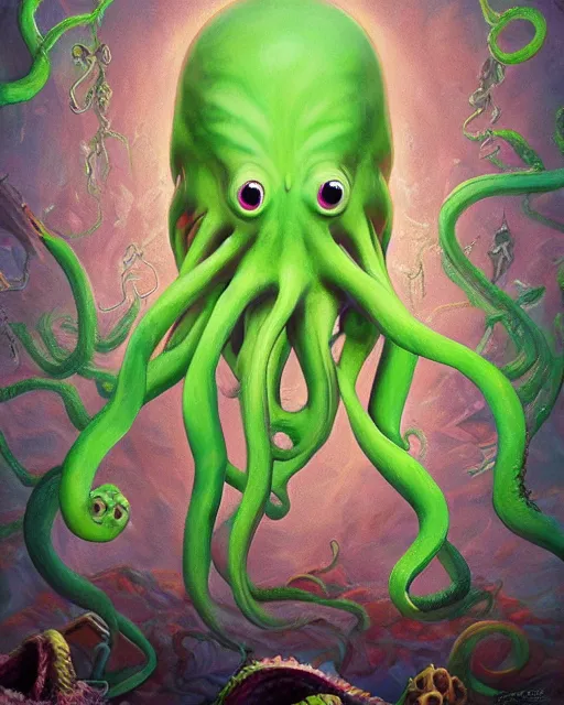 Prompt: cthulhu ， painting photoshop by mark ryden and pixar and hayao miyazaki, 8 k