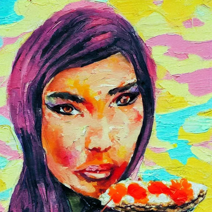 Image similar to portrait of beautiful woman eating sushi painted with colorful gouache impasto