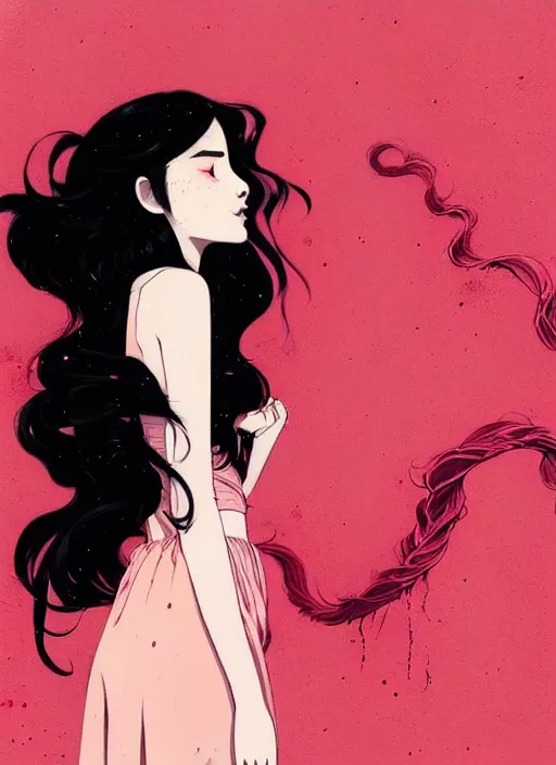 Image similar to highly detailed closeup portrait of beautiful, long black hair teen girl, wavy hair, red dress by atey ghailan, by greg rutkowski, by greg tocchini, by james gilleard, by joe fenton, by kaethe butcher, gradient pink, black and white color scheme, grunge aesthetic!!! ( ( graffiti tag wall background ) )