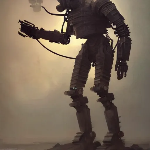 Prompt: a highly detailed epic cinematic concept art CG render digital painting artwork: a young man grotesquely transforms into a dieselpunk Soviet robot. By Greg Rutkowski, Ilya Kuvshinov, WLOP, Stanley Artgerm Lau, Ruan Jia and Fenghua Zhong, trending on ArtStation, subtle muted cinematic colors, made in Maya, Blender and Photoshop, octane render, excellent composition, cinematic atmosphere, dynamic dramatic cinematic lighting, precise correct anatomy, aesthetic, very inspirational, arthouse
