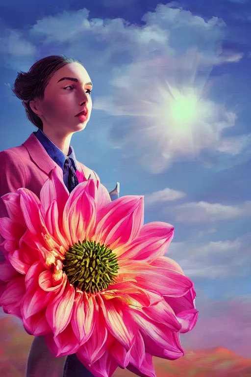 Image similar to closeup giant dahlia flower head, girl in a suit, street, surreal photography, blue sky, sunrise, dramatic light, impressionist painting, digital painting, artstation, simon stalenhag