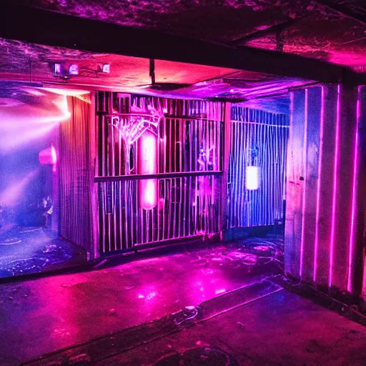 Image similar to entrance to underground rave club, secret, cyberpunk dance music, lights, ambiance