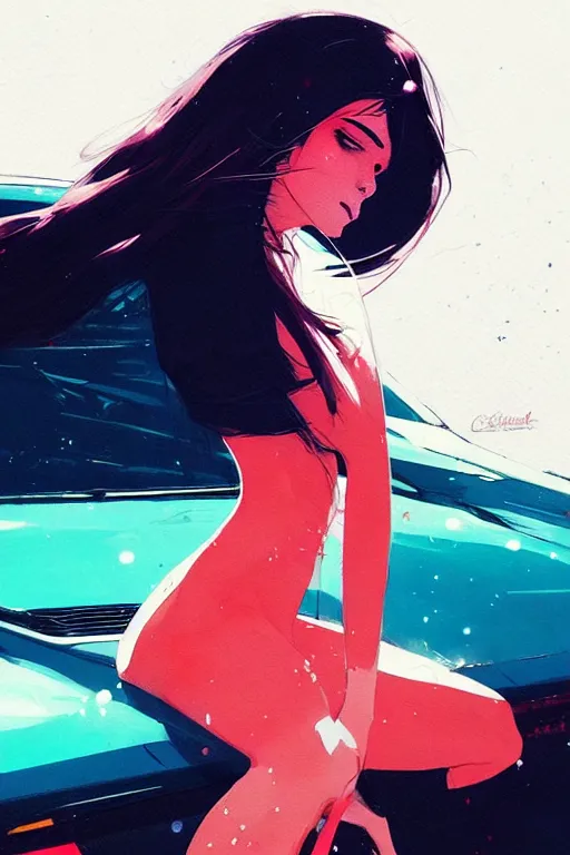 Image similar to a ultradetailed beautiful portrait panting of a stylish woman sitting on a car, by conrad roset, greg rutkowski and makoto shinkai, trending on artstation