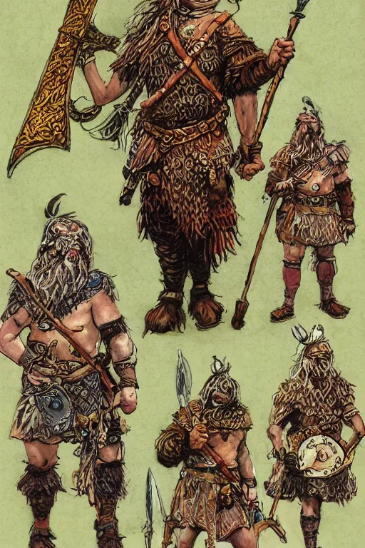 Prompt: full body character design reference art of Eoghaill of the Murine Hordes, a La Tene Culture Celtic chieftain and warrior, resplendent and proud of bearing. high quality, high detail, realistic painting, in the style of: Angus McBride, Rebecca Guay, and Michael William Kaluta. photorealistic light.