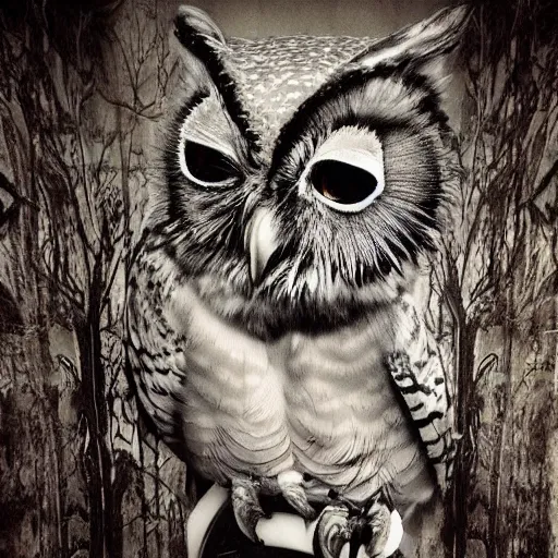 Prompt: owl inside creepy scary nightmare atmosphere, realsitic