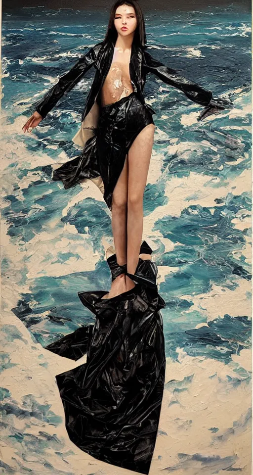 Prompt: hyperrealism oil painting, long view of fashion model in dark clothes, melted cyborg, white sheets mixed with ocean pattern and night sky, in style of classicism mixed with 70s japan book art