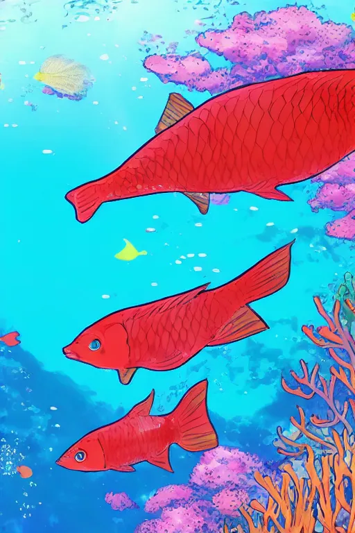 Prompt: a beautiful and colorful fish swimming through a coral in the ocean anime style, makoto shinkai style