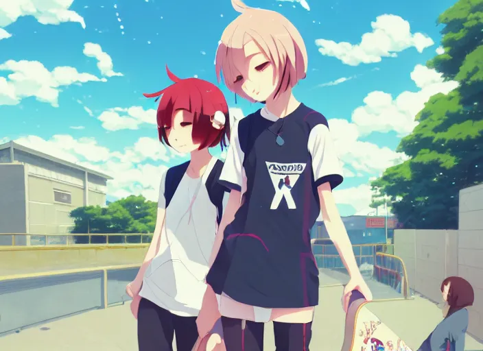Prompt: a cute high school using skateboard, sunny sky background, stadium landscape, illustration, concept art, anime key visual, trending pixiv fanbox, by wlop and greg rutkowski and makoto shinkai and studio ghibli and kyoto animation, symmetrical facial features, urban clothing, piercings, backlit
