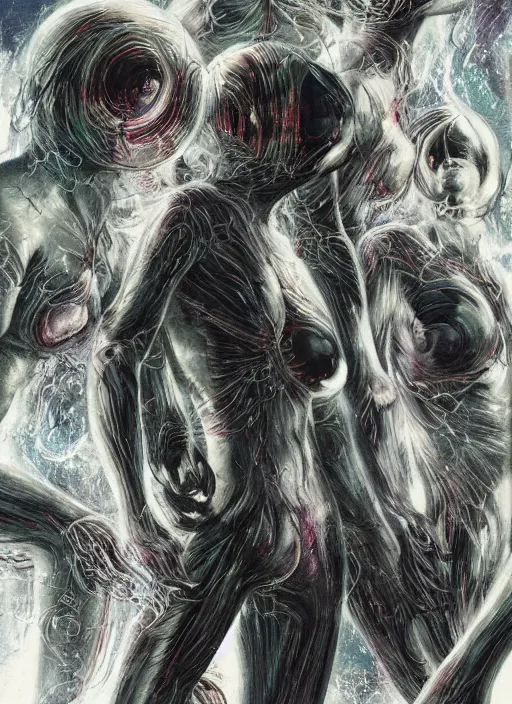 Image similar to astronauts girls in dark void underwater - complex and hyperdetailed technical suit design. reflection and dispersion materials. rays and dispersion of light. volumetric light. f / 3 2. noise film photo. flash photography. ultra realistic, 5 0 mm. poster by wayne barlowe, hajime sorayama aaron horkey, craig mullins