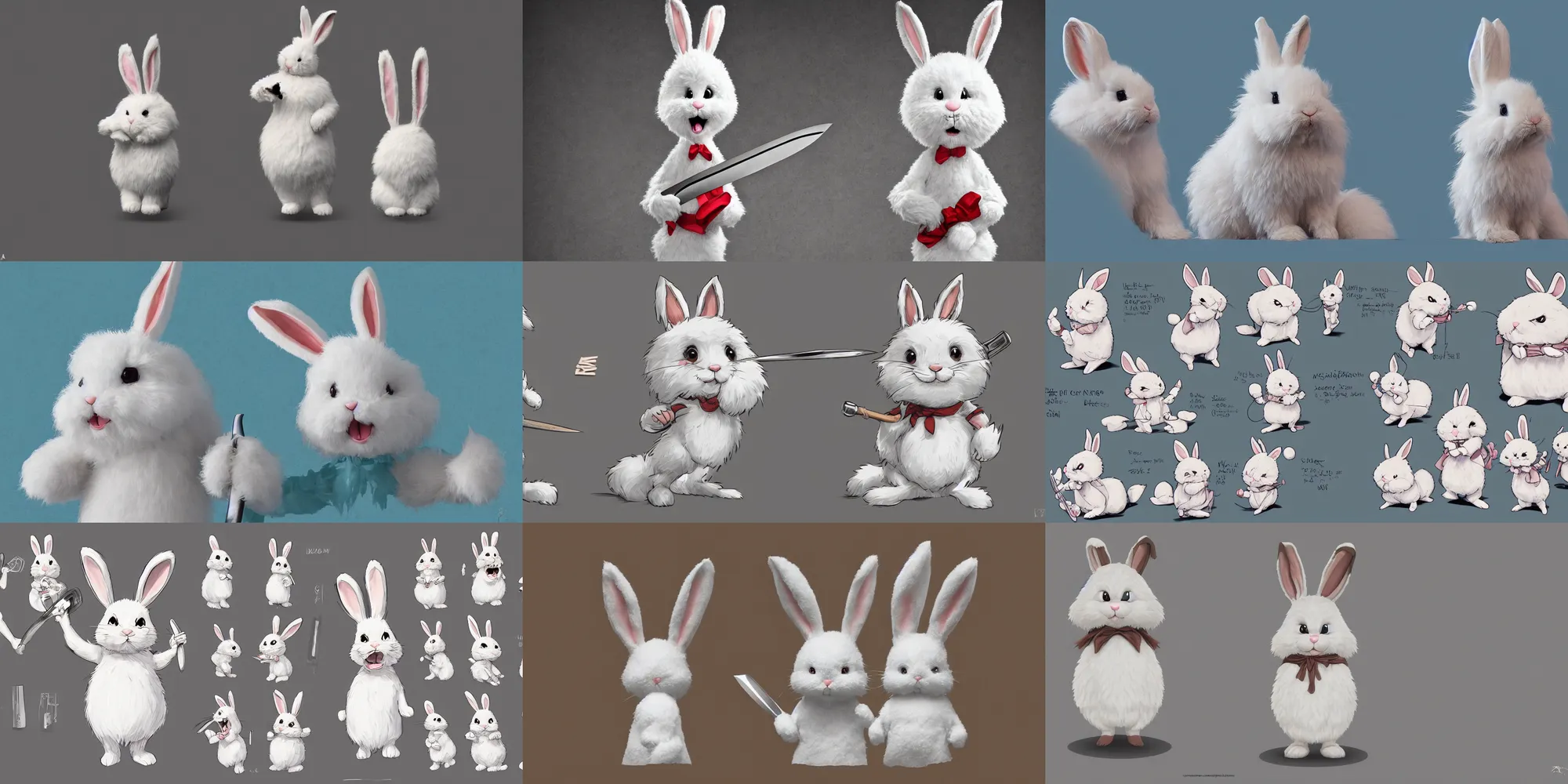 Prompt: a character sheet of a cute fluffy bunny rabbit with an insane expression, standing in a pool of water, holding a large kitchen knife. character concept art, intricate highly detailed 8 k, trending on artsy, surreal portrait photography, preston blair, tex avery, chuck jones, trending on juxtapoz magazine