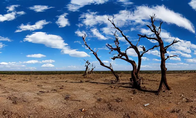 Image similar to panorama of big raindrops flying upwards into the perfect cloudless blue sky from a dried up river in a desolate land, dead trees, blue sky, hot and sunny highly-detailed, elegant, dramatic lighting, artstation, 4k, cinematic landscape, photograph by Elisabeth Gadd, National Geographic, weird weather phenomenon