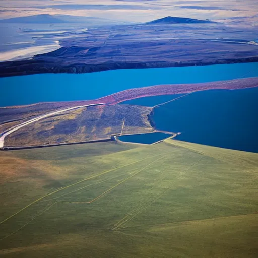 Image similar to Landscape of fields, sea, mountains, volcano, photoelectric powerstations, electric pylons, gas pipe. Style of nasa photo, crisp lighting, clear sky, 8k,