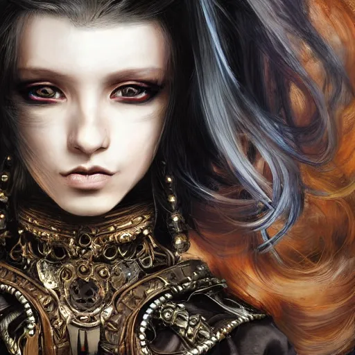 Image similar to portrait, headshot, insanely nice professional hair style, dramatic hair color, digital painting, of a old 17th century, old cyborg merchant, amber jewels, baroque, ornate clothing, scifi, realistic, hyperdetailed, chiaroscuro, concept art, art by Franz Hals and Jon Foster and Ayami Kojima and Amano and Karol Bak,