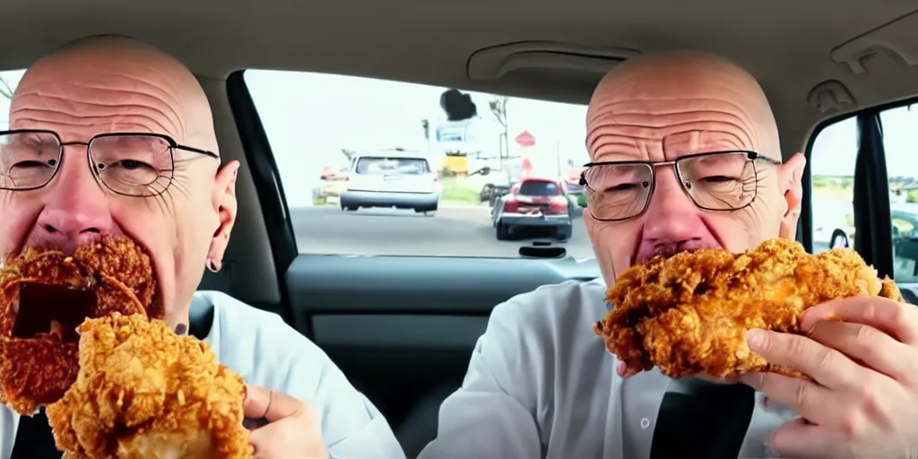 Image similar to walter white mukbang inside car, youtube video screencap, eating fried chicken, greasy face stuffed with chicken, double chin, real, fat, detailed, 4k