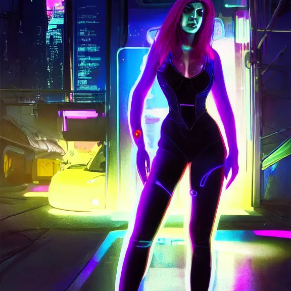 Prompt: a beautiful girl in a cyberpunk costume is standing near ford mustang, neon lights, glowing purple, vibrant red, elegant, highly detailed, digital painting, artstation, concept art, smooth, sharp focus, illustration, art by artgerm and greg rutkowski and alphonse mucha and andrei riabovitchev