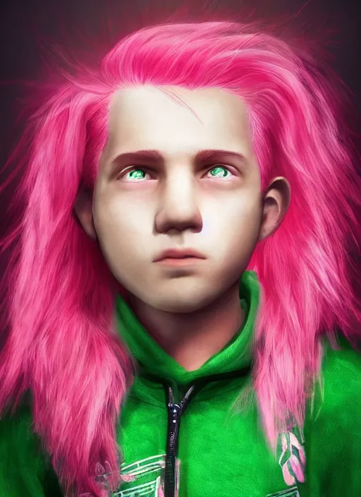 Image similar to a beautiful portrait of a cute teenage boy with pink hair and pink wolf ears and green eyes wearing a hoodie. artstation, pinterest, ambient occlusion, volumetric light, digital art, highly detailed, fine detail, complex fantasy character, rendered in octane