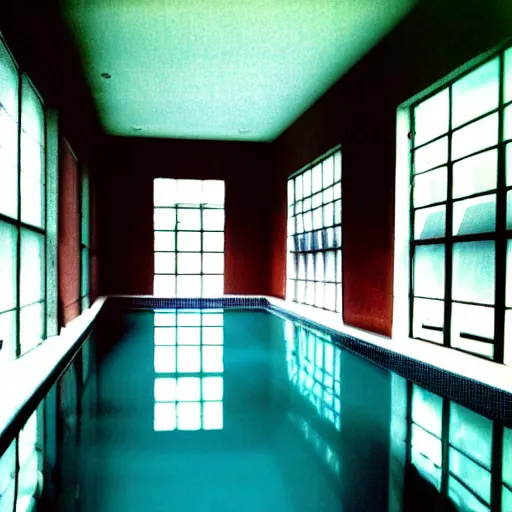 Image similar to Beautiful cameraphone 2005 soft liminal Photograph of an infinite dark colored hallway pool