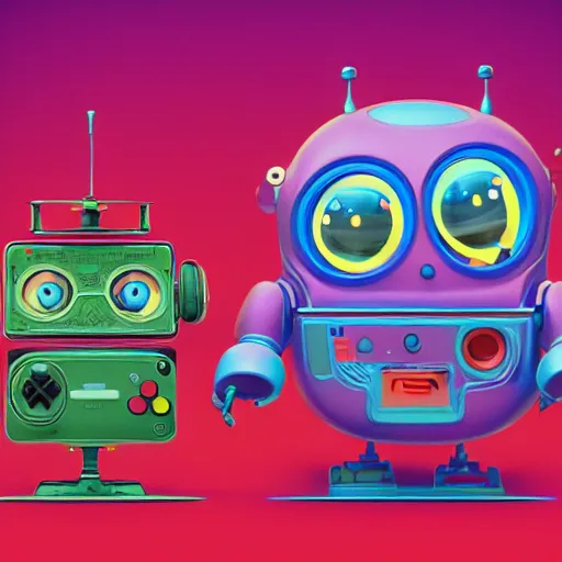 Image similar to two small chubby bots, hyperdetailed colourful graffiti on surface, smooth scratched panelling, intricate detail, holding a battery, single eye, cute, intricate arms, antenna, floating, white studio, cute mechanical toy, gameboy advanced, ambient light, in the style of pixar animation poster, pokedstudios, blender, octane render, 8 k,