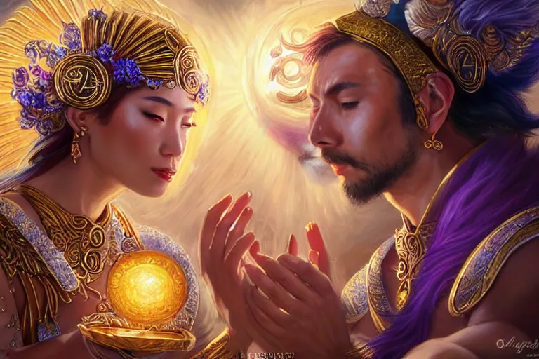 Image similar to close up moment of a divine a sun god and a moon goddess lovers magician at a wedding banquet, highly detailed, d & d, fantasy, highly detailed, digital painting, trending on artstation, concept art, sharp focus, asian feature, illustration, art by artgerm and daniel gerhartz and magali villeneuve