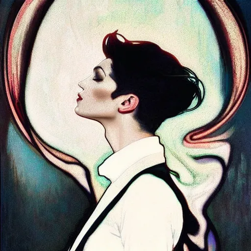 Image similar to graceful portrait of androgynous ruby rose as desire from sandman in a white tuxedo!!!, rockabilly style,, by alphonse mucha, by jeremy mann, by peter lindbergh, dave mckean, by frank moth, white suit and black tie, soft lightning, high detailed, 8 k