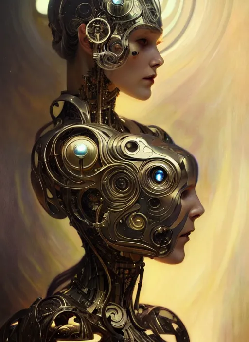 Image similar to organic cyborg, art deco, diffuse lighting, fantasy, intricate, elegant, highly detailed, lifelike, photorealistic, digital painting, artstation, illustration, concept art, smooth, sharp focus, art by John Collier and Albert Aublet and Krenz Cushart and Artem Demura and Alphonse Mucha