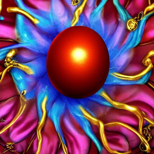 Image similar to an elaborate glowing red and blue egg emerging from the blossom of a metallic gold flower with tendrils of gold wrapping around the egg, magic eggplant, fantasy concept art