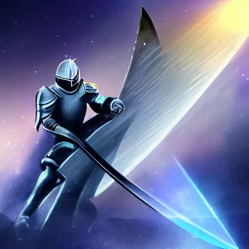 Image similar to knight, great sword with ray in the middle of the galaxy, 4 k, realistic