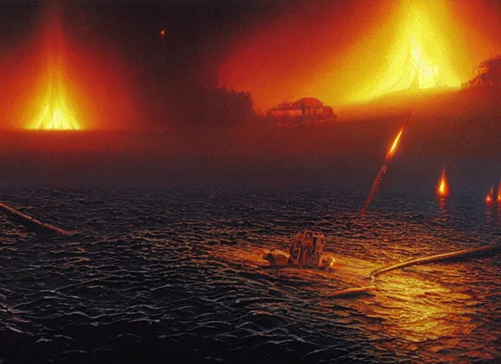 Prompt: a fire upon the deep, matte painting, peter elson